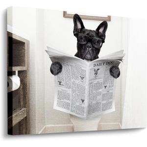 Funny Dog Canvas Wall Art Print French Bulldog Read Newspapers Sitting on Toilet Poster Prints on Canvas Painting Artwork Stretched and Framed Ready to Hang for Bathroom Walls Decor 20x16 in