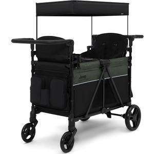 Jeep Aries Stroller Wagon by Delta Children Premium Wagon for 2 Kids with Convertible Seats, Adjustable Push/Pull Handles, Removable Canopy & Flat Fold - Greenguard Gold Certified, Black/Green