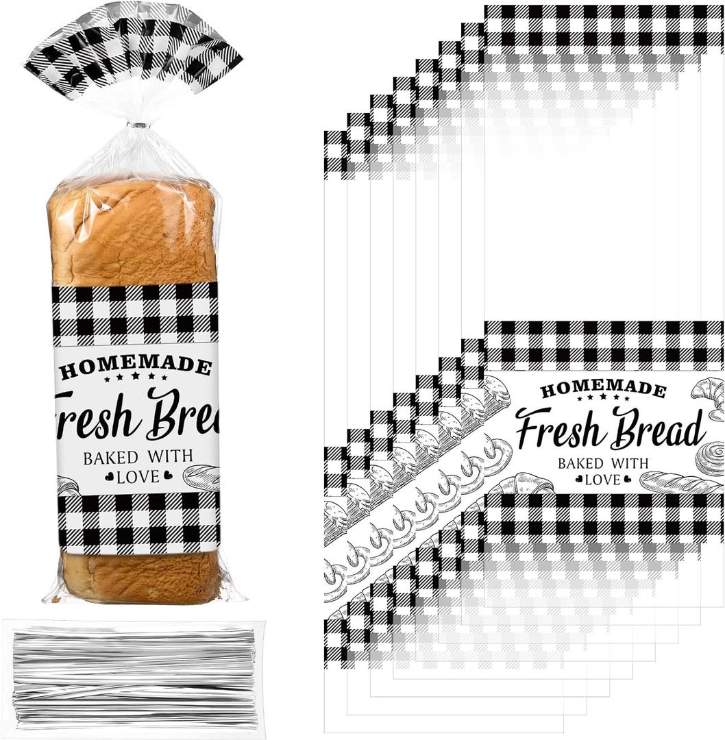 Sabary 100 Pcs Homemade Bread Bags with Ties Black Buffalo Plaid Bread Loaf Bags Plastic Clear Gift Storage for Home Bakers Bakery Christmas, 10 x 20 Inch