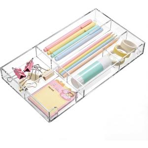Briwooody Clear Acrylic Desk Drawer Organizer 11 x 6.1 x 1.38 Inch Storage Tray Organizer for Pens, Stationery, Desktop, Office, Bathroom, Kitchen, Makeup Supplies (6 Compartments)