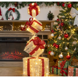 SANHSEHOME 10"8"7"6" Set of 4 Christmas Lighted Gift Boxes, 70 LED Stackable Light Up Present Boxes for Christmas Decorations Indoor Outdoor Yard Lawn Porch Home Decor(Max. 10")