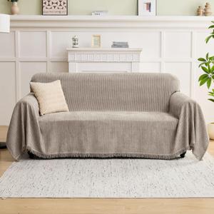 LOMAO Couch Cover Sofa Covers for 3 Cushion Sectional Couch Covers L Shape Couch Cover with Tassel Sofa Protector Washable Reversible Chenille Sofa Slipcover for Pet, Khaki, Large (71 x 118)