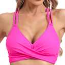 Womens Twist Front V Neck Bikini Top Push Up Padded Swim Top Swimsuit Lace Up Criss Cross Back Bathing Suits Tops (Pink, M)