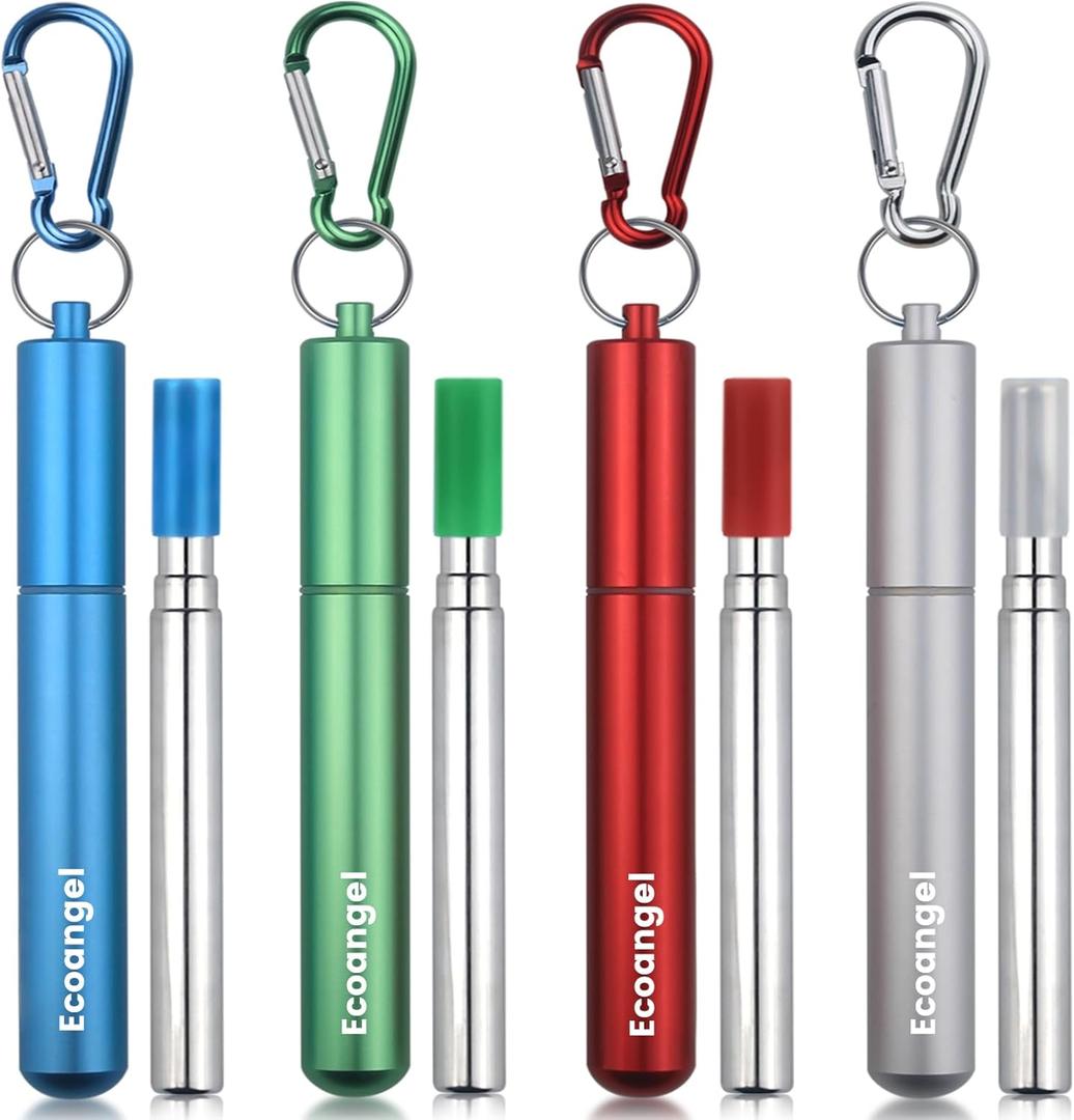 Ecoangel Cruise Ship Essentials,4-Pack reusable Collapsible Stainless Steel Drinking Straws with Aluminum Case,Cleaning Brush,and Keychains-Silver,Blue,Red,Green