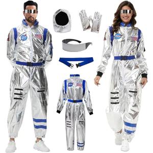 Akokvlar 5Pcs Adult Astronaut Costume Silver Spaceman Suit for Men Women Halloween Cosplay Set (Large, Blue)
