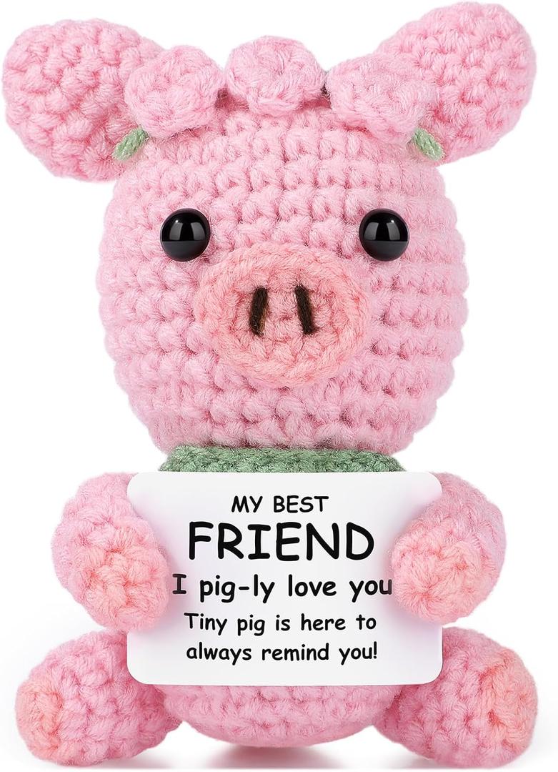 2 x JoycuFF Best Friend Birthday Gifts for Women, Bestie Friendship Gifts for Women Valentines Mothers Day Christmas Birthday Present Positive Emotional Support Handmade Crochet Pink Pig