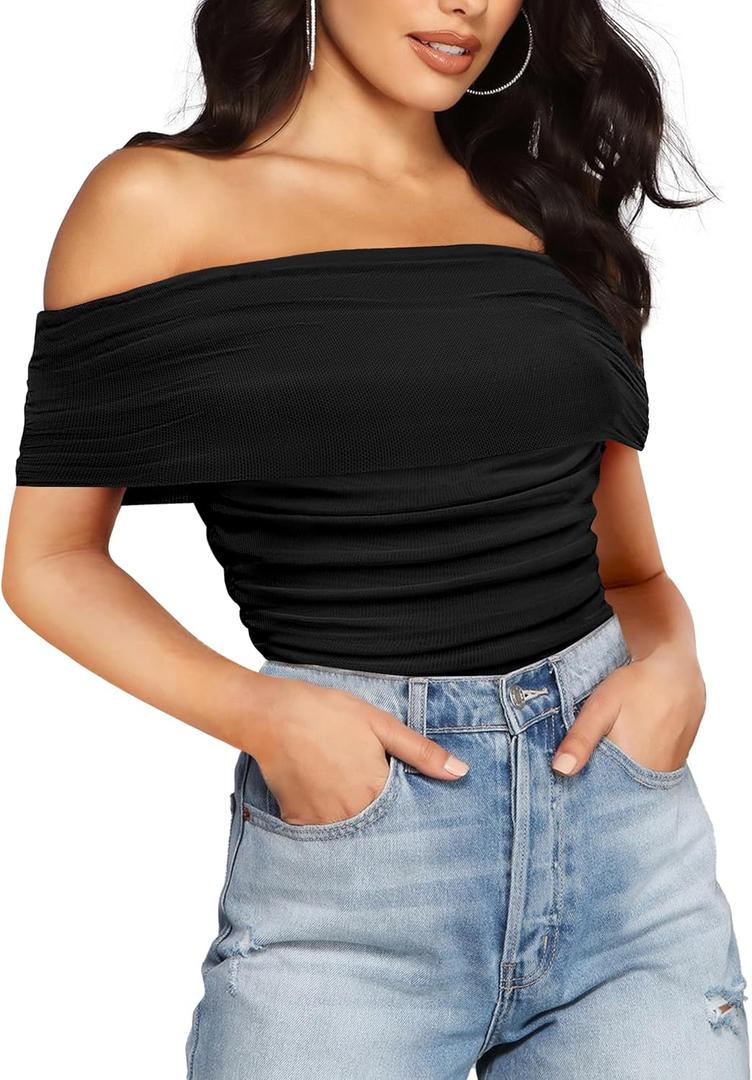 SAUNGKUAI Women's Short Sleeve Bodysuit Off the Shoulder Mesh Ruched One Piece Body Suits Summer Outfits (XX-Large, Black)