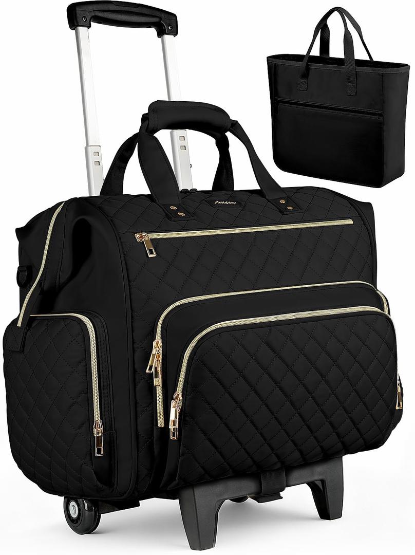 Rolling Teacher Bag, 16 Inch Rolling Laptop Bag with Detachable Dolly & Teacher File Tote, Large Roller Briefcase for Teaching Office Work, Women, Craft Nurse, Black
