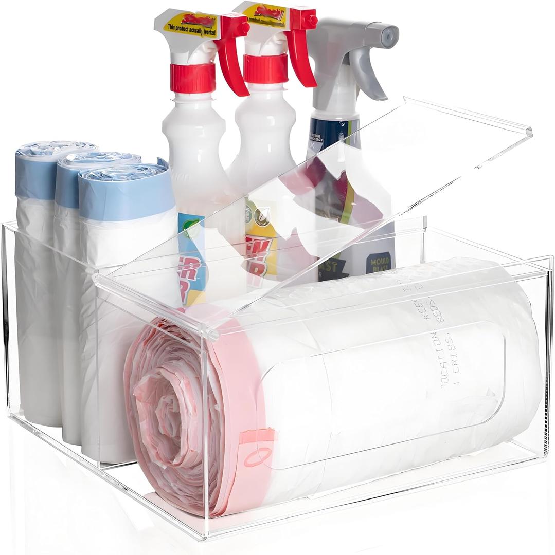 SEANADO Trash Bag Dispenser Roll Holder, Wall Mount Acrylic Kitchen Organizer Storage Box Holder for Garbage Bag Grocery Bag Plastic Bag Roll Container (Standard/2 in 1)