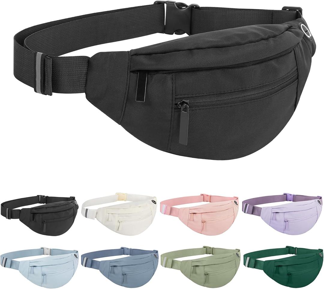  Frenou Large Waist Bag With 4-Zipper Pockets-Fanny Pack For Women And Man-Crossbody Belt Bag With Adjustable Strap For Travel Running Hiking Walking Workout Dark Black