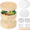 Bamboo Steamer Basket, 8 Inch, 2 Tier with Lid, Dumpling Steamer with Paper & Silicone Liners, Cutter, Sauce Dish, Chopsticks, for Asian Food