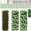 Artificial Fence Screening 28x200cm, Expandable Garden Fence Screening with Artificial Ivy and Violet Flower, Garden Greenery Leaf Backdrop Decoration (White,2pcs)
