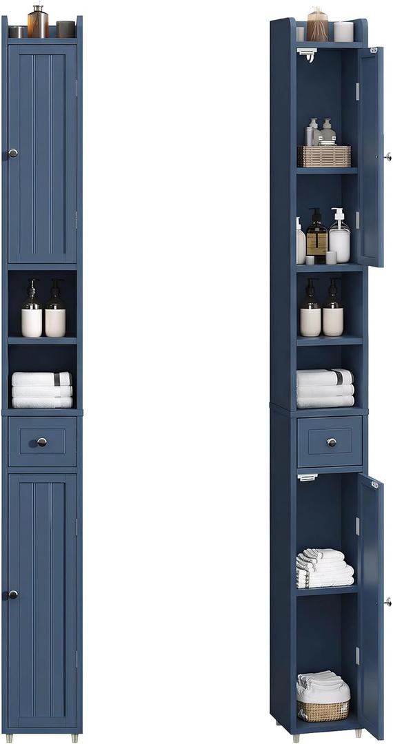 ChooChoo Narrow Bathroom Storage Cabinet with Adjustable Shelves, Tall Storage Cabinet with 2 Doors and 1 Drawer, Freestanding Cupboard for Small Spaces, Blue (7.87"D x 7.87"W x 70.87"H)