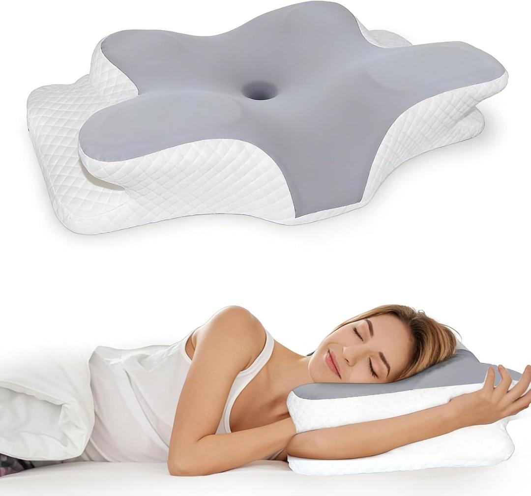 Cervical Pillow for Neck Pain Relief, Hollow Design Memory Foam Bed Pillow for Side & Back Sleepers, Ergonomic Contour Orthopedic Pillow with Adjustable Support (White with Grey)