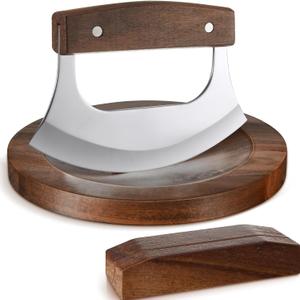 2 Pcs Mezzaluna Ulu Knife and Cutting Board Set Rocker Chopper Slicer Cutter with Stand Cutting Board Mezzaluna Chopper Alaskan Ulu Knife Kit for Onion Vegetable Mincing Tool (Walnut Wood)