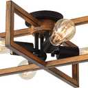 KEESFU 4-Lights Retro Semi Flush Mount Ceiling Light Fixtures, Farmhouse Wood Grain Finish Metal Ceiling Light, Rustic Lighting for Bedroom Living Room Kitchen Dining Room Hallway Entryway Foyer.