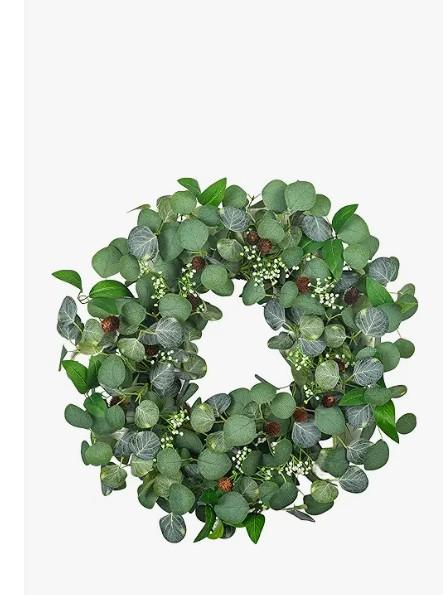 Artificial Twig Fall Front Door Wreath 24 Inch Autumn Cream Berry Wreath with Eucalyptus Leaves and Grapevine for Farmhouse Window Christmas Hanging Home Decor