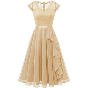 Women's Vintage Floral Lace Eyelashes Lace Wedding Guest Skater Short Prom Dress WT0212ChampagneM