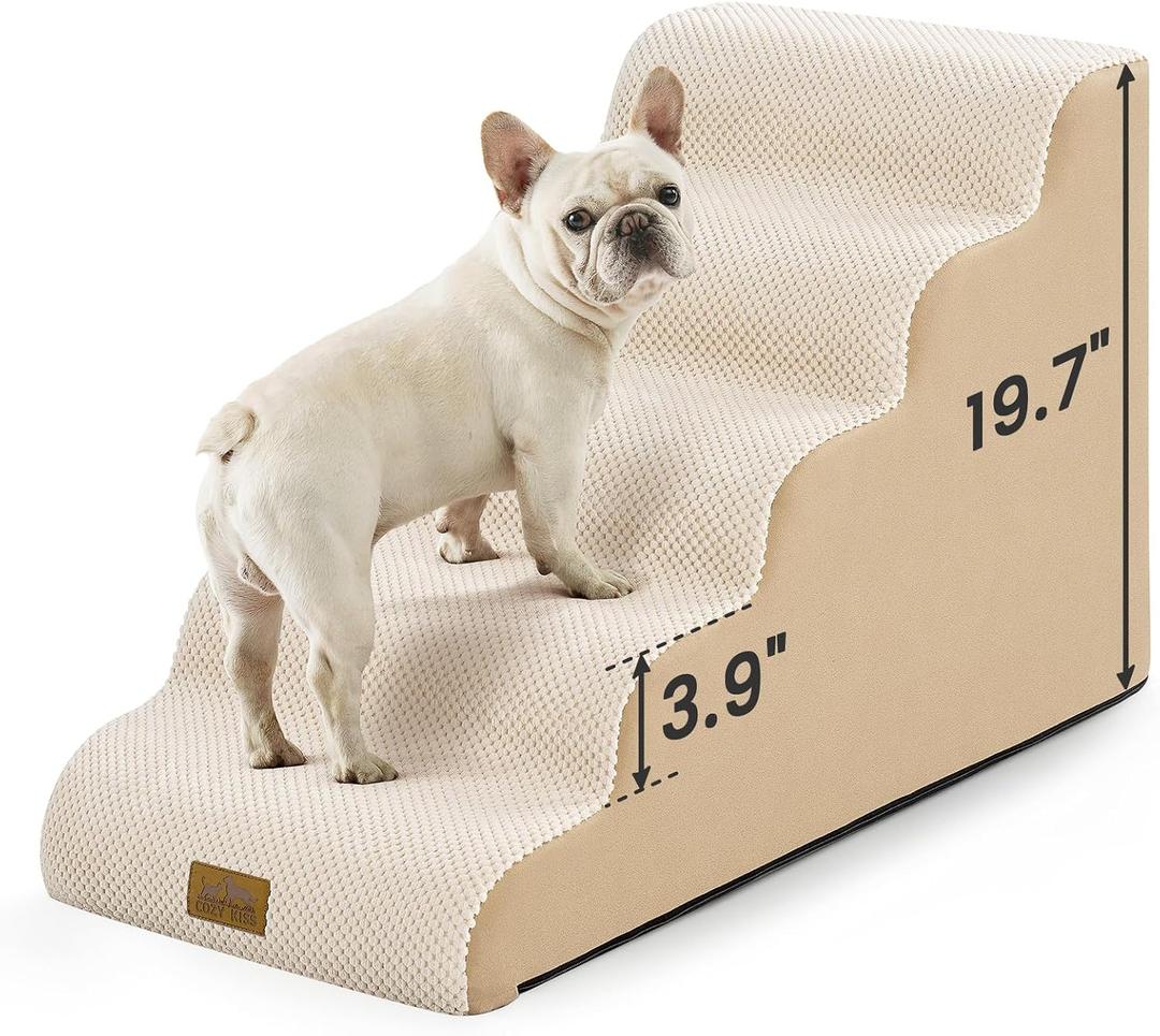 COZY KISS Dog Stairs for Small Dogs 19.7"H, 5-Step Sturdy Foam Dog Steps for Couch, Bed or Sofa, Curved Pet Stairs for Puppy and Older Cat, Doggie Ladder with Washable Cover, 15.7x33x19.7 inch, Beige