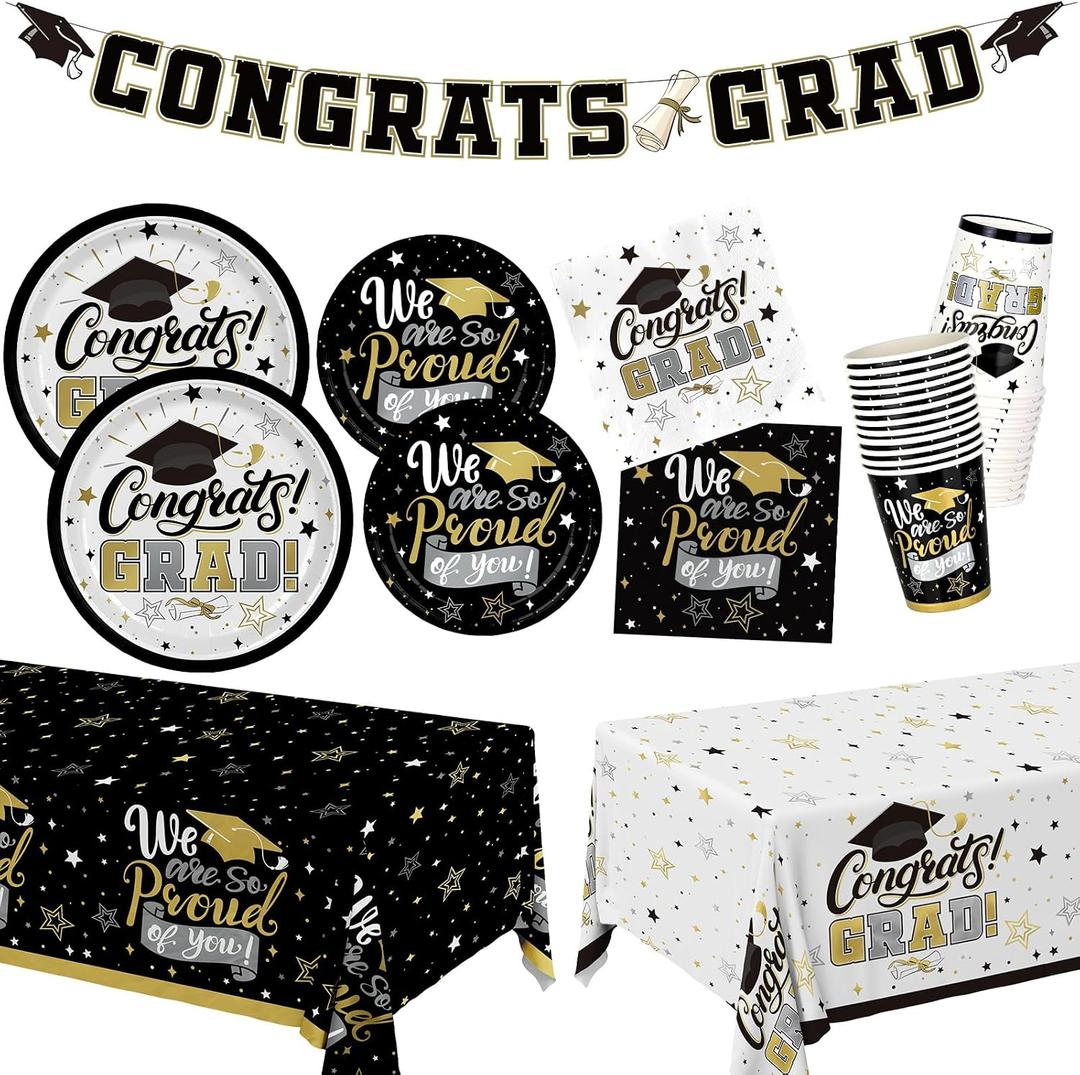Graduation Decorations 2026 Black and Gold Grad Party Supplies with Disposable Plates, Napkins, Tablecloth, Cups and Congrats Grad Banner for 24 Guests - Graduation Party Decorations