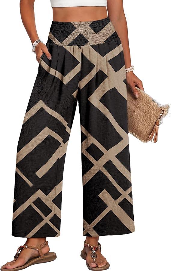 Lepunuo High Waisted Wide Leg Palazzo Pants for Women Summer Beach Vacation Lounge Trousers with Pockets 2026 Trendy S, Geometric - Black
