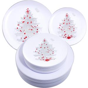 Rubtlamp 60PCS Christmas Plastic Plates, Disposable Party Plates, White Plastic Plates with Silver Christmas Tree Include 30White Dinner Platos, 30Silver Salad Platos