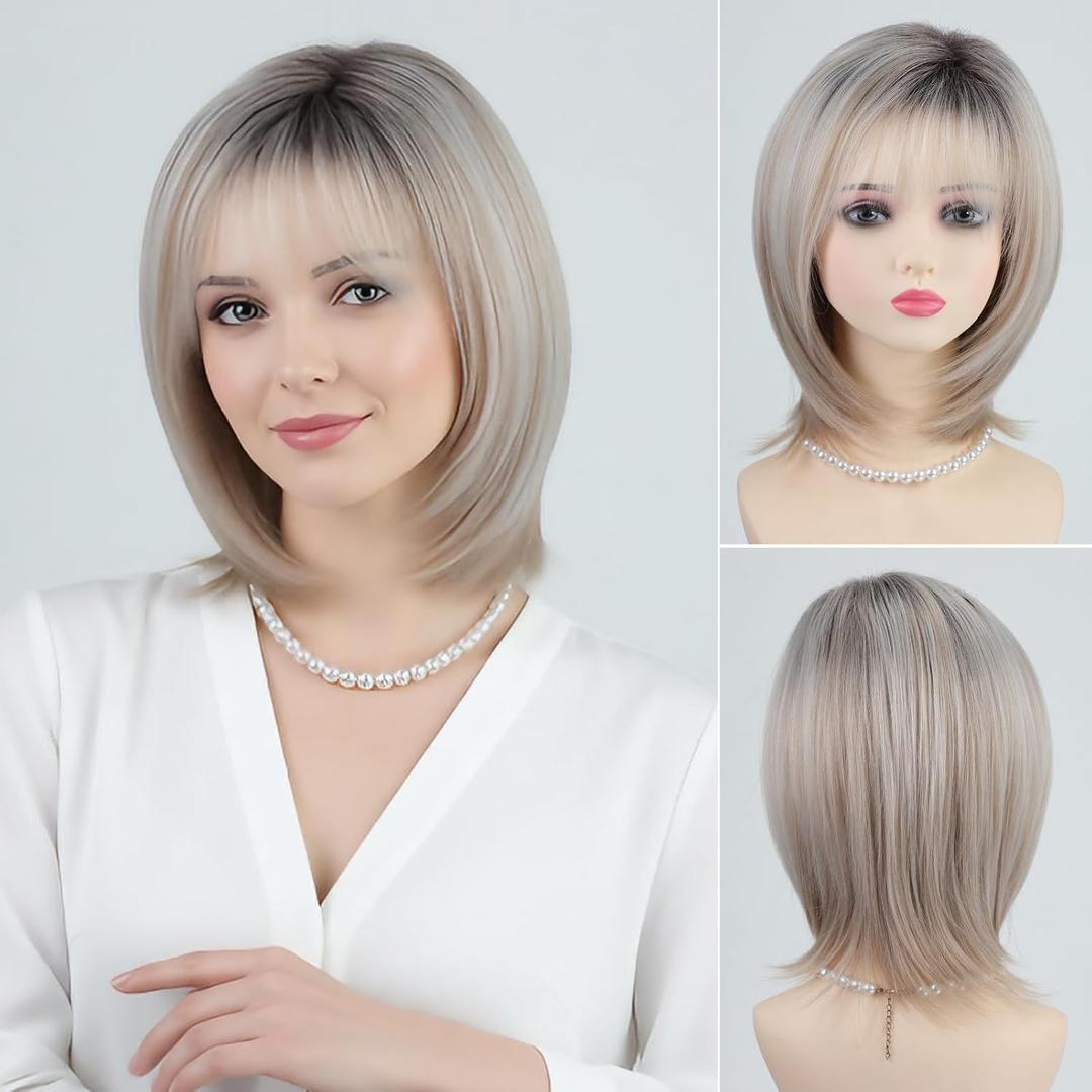 RENERSHOW Layered Mid-length Mix Blonde Bob Wig with Bangs Straight Heat Synthetic Wigs for White Women 12-inch Adjustable Average Size Natural Looking Daily to Party Ombre Wig