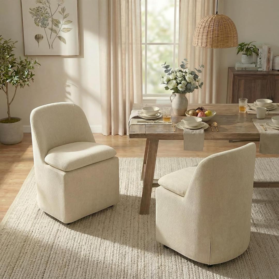 KISLOT Upholstered Dining Chairs with Casters, Washable Cover Modern Dining Room Chairs with Thick Cushion & Sturdy Metal Frame for Kitchen, Living Room, Dressing Room, Sand Fabric, Set of 2