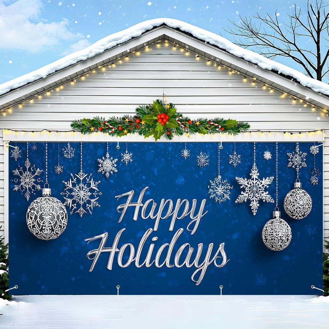 Christmas Garage Door Banner 7x16 ft  Happy Holidays with Snowflakes and Ornaments  Festive Outdoor Decoration for Garage, Yard, and Front Door  Waterproof, Easy to Hang (70)