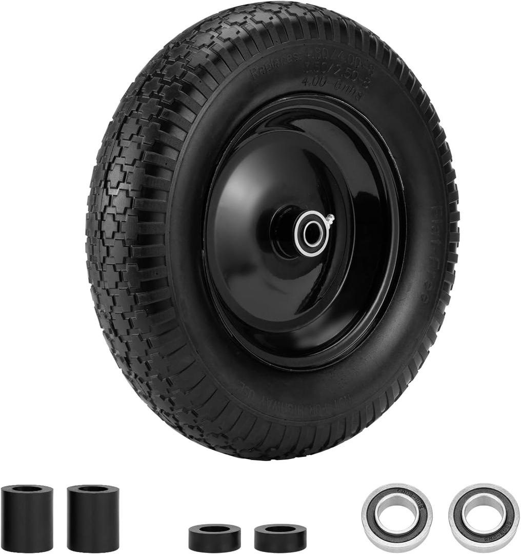 4.80/4.00-8" Flat Free Tire and Wheel 14.5" Wheelbarrow Tire,with 5/8" Axle Bore Hole,3"Center Hub and 3/4" Bearings,Universal Replacement Solid Tire for Hand Truck/Utility Cart/Garden Cart (14.5"( Flat Free Tire) 1Pack, Black)