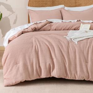 PHF Soft Waffle Comforter Set Queen Size- Comfy Breathable Waffle Weave Comforter with 2 Pillow Shams, 3 Pieces No Snagging Lightweight Bedding Set for All Season, Rose Pink