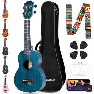 AODSK Soprano Blue Ukulele for Beginner 21 Inch Ukelele with Gig Bag Strap Nylon String 4 Picks Holiday Gift