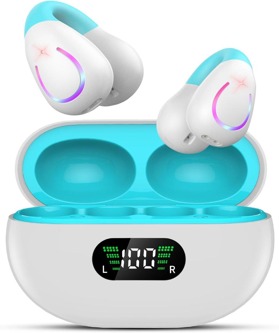 Comfort Clip On Earbuds, Bluetooth 6.1 Open Ear Bone Conduction Headphones, with Digital Display Charging Case Sport Earphones Built-in Mic Waterproof for Running Fitness Exercise, White-Blue