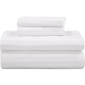 ROYALE LINENS 300 Thread Count 100% Long Staple Combed Cotton Striped Sheet Set - 4 Piece Full Bed Sheets - 1 Fitted, 1 Flat, 2 Pillow Cases -Soft Cool & Crisp Sheet Set (Full, Stripe White)