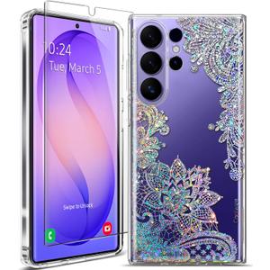 Clear Glitter for Samsung Galaxy S26 Ultra Case, Slim Shockproof Thin Flower Cute Crystal Lace Bling Women Hard Back Soft TPU Bumper Protective Cover for Samsung S26 Ultra Mandala Henna
