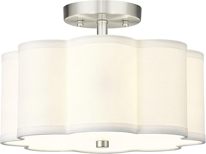 Audickic Semi Flush Mount Ceiling Lights, 3Light 13" Ceiling Light Fixtures with Fabric Shade in Flower Shape, Brushed Nickel Drum Lighting for Nursery Hallway Bedroom Kitchen, AD220073SFSN