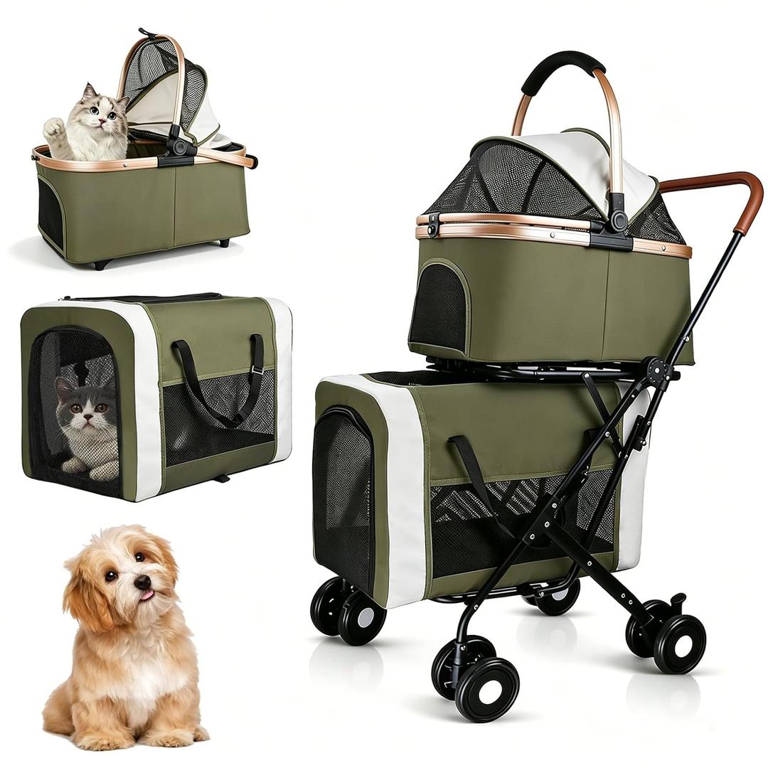 Double Pet Stroller for Dogs and Cats: Dog Stroller Foldable Travel Carriage with Detachable Carriers, Safety Belts, and 4 Lockable Wheels for Small to Medium Pets Ideal for Multi-Pet Homes (Green)