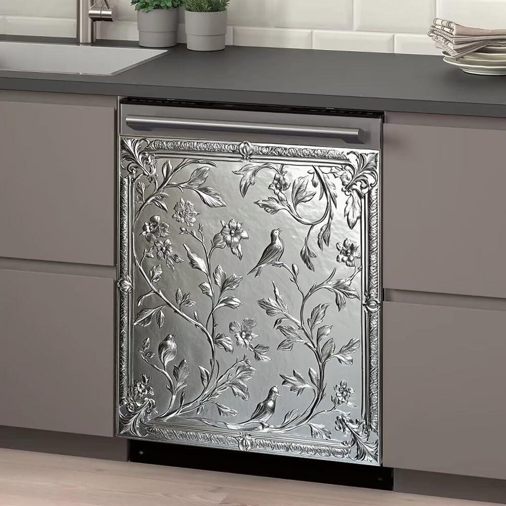 Stainless Steel Bird and Flower Pattern Kitchen Dishwasher Decor Magnet Cover, Vintage Style Vinyl Fridge Magnetic Sticker Full for Kitchen, Easy Clean Dish Washer Door Decals 23 Wx 26 H