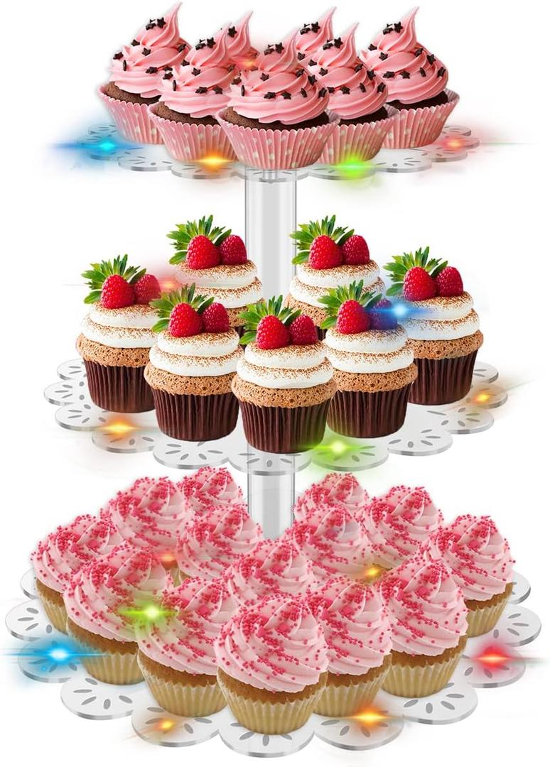 3 Tier Acrylic Cupcake Display Stand, Cake Stands, Round Acrylic Pastry Tower, Dessert Stand Cupcake holder Pastry serving platter Candy Bar Party Décor Wedding Birthday Holidays Christmas (3 Tier with String Lights)