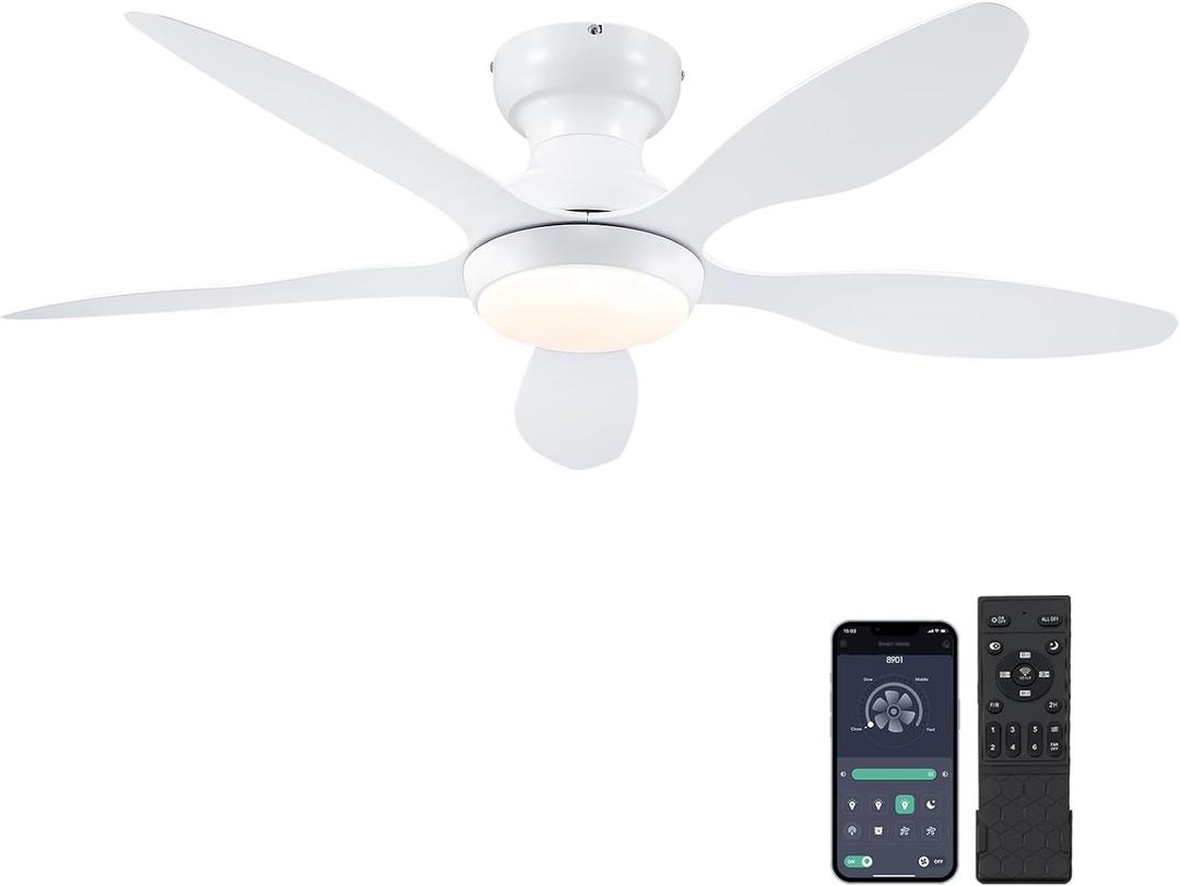 Ceiling Fans with Lights, 46 inch Modern Low Profile Ceiling Fan with Light and Remote App Control, Flush Mount, Quiet DC Reversible, Dim Led Ceiling Fan for Bedroom Kitchen Indoor/Outdoor Patio White