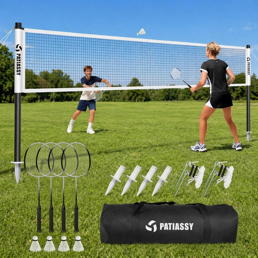 Badminton Set for Backyard, Outdoor Badminton Net with Anti-Sag Design, 4 Professional Badminton Rackets, 4 Shuttlecocks and Carry Bag for Lawn or Beach