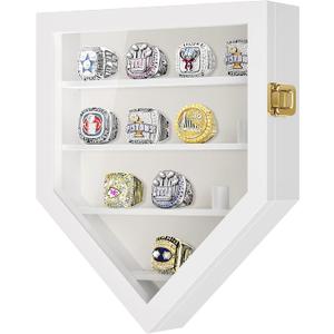 TJ.MOREE Championship Ring Display Case, 12 Ring Posts Baseball Ring Display Case, Wall Mount Wooden Glass Shadow Box with Locks to Show Sport, Class, Fraternity, and Award Rings - White
