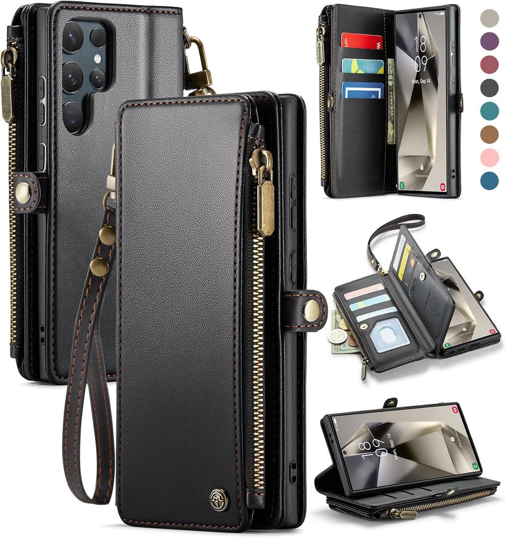 Defencase Compatible with Samsung Galaxy S24 Ultra Case Wallet with RFID Blocking Card Holder for Women Men, PU Leather Magnetic Snap Flip Zipper Strap Phone Case Fit for Galaxy S24 Ultra 5G, Black
