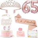 65th Birthday Gifts Decorations for Women, Including 65 year old Birthday Cake Topper,Queen Sash with Pearl Pin, Sweet Rhinestone Tiara Crown, Number Candles and Balloons Set, Rose Gold