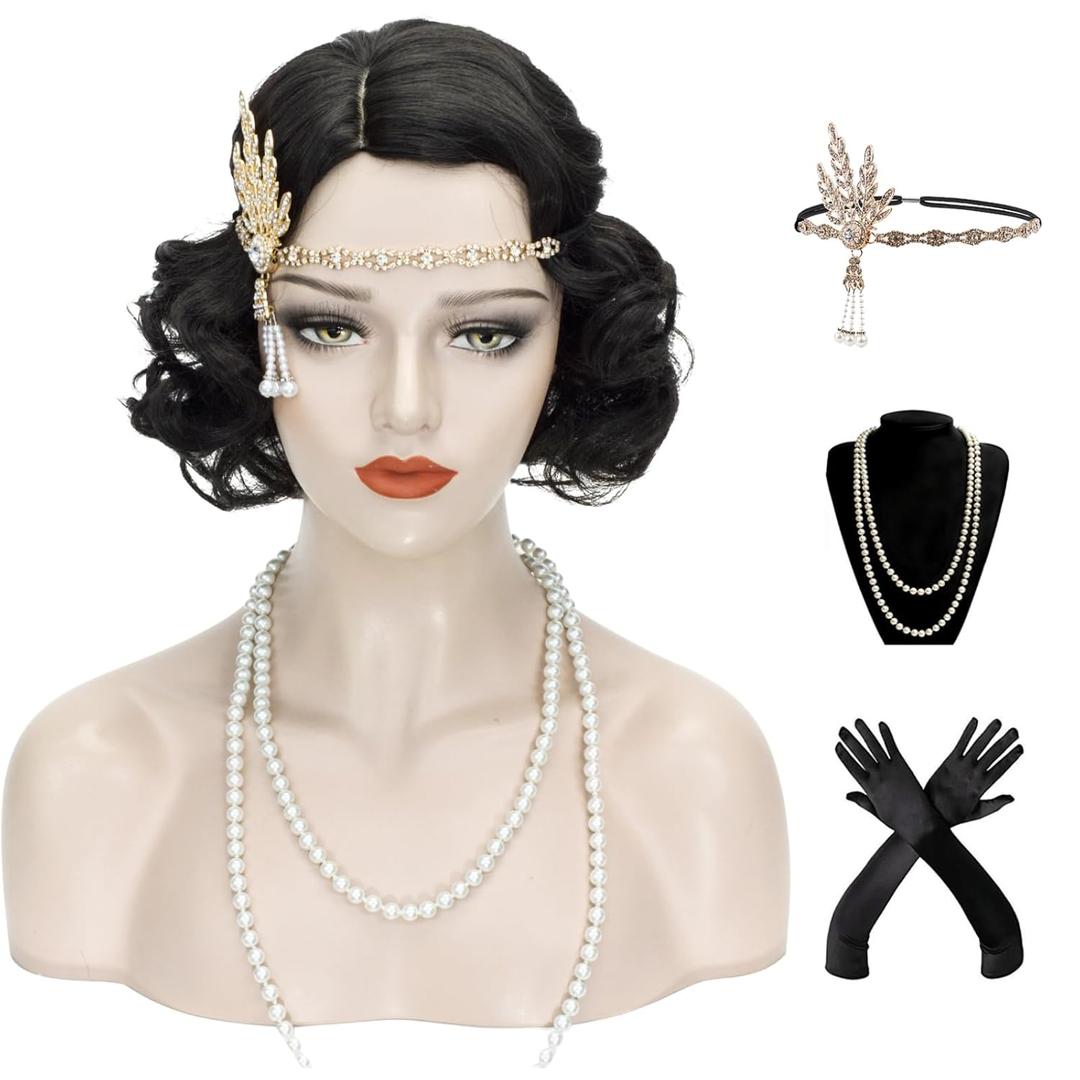 1920s Finger Wave Wig Women Black 30s Vintage Flapper Wig Lady Rockabilly Short Curly Wig Halloween Party Cosplay Costume Synthetic Hair + Cap