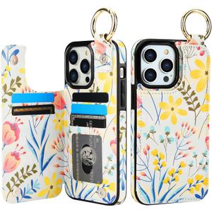 HAOPINSH for iPhone 14 Pro Max Wallet Case with Card Holder, Floral Flower Print Back Flip Folio PU Leather Kickstand Card Slots Case, Finger Grip Ring Double Magnetic Clasp Shockproof 6.7"