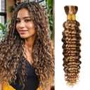 4/27 Honey Blonde Human Braiding Hair Deep Wave BulkHighlight No Weft Curly Braiding Hair Extensions for Boho Braids Wet and Wavy Braiding Human Hair Bundles(16inch,4/27,100g)