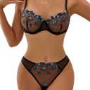 Lilosy Sexy Floral Embroidered Flower Mesh Underwire Push Up Lingerie Set (Large, Black and Blue)