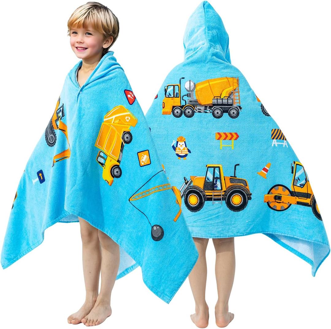 100% Cotton Hooded Towel for Toddlers 5-12 Years Boys Girls 60"x30" Extra Large Wearable Wrap Kids Bath Pool Beach Towel Soft Absorbent Beach Poncho (Construction Site, XL, Blue)
