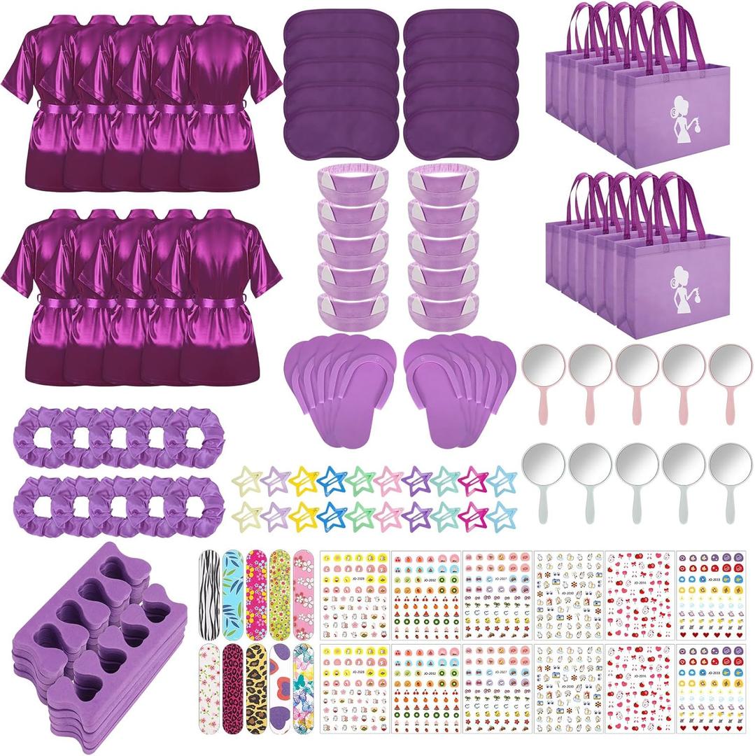 122 Pcs Purple Girls Spa Party Kit, 10-Pack Slumber Party Favors with Satin Robes, Tote Bags, and Nail Salon Accessories for Kids Spa Birthday, Halloween, Home Party Supplies